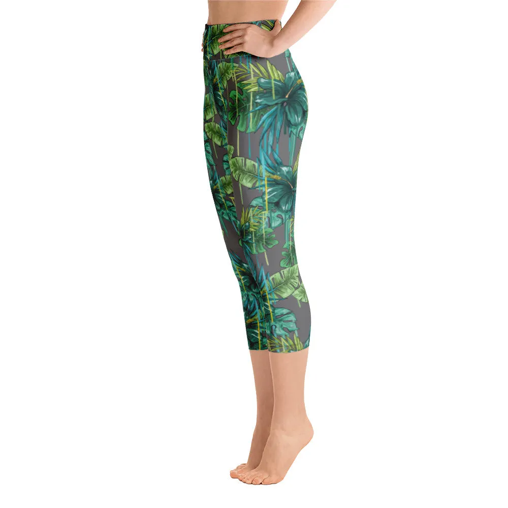 Grey Tropical Yoga Capri Leggings, Tropical Print Women's Capris Tights-Made in USA/EU/MX