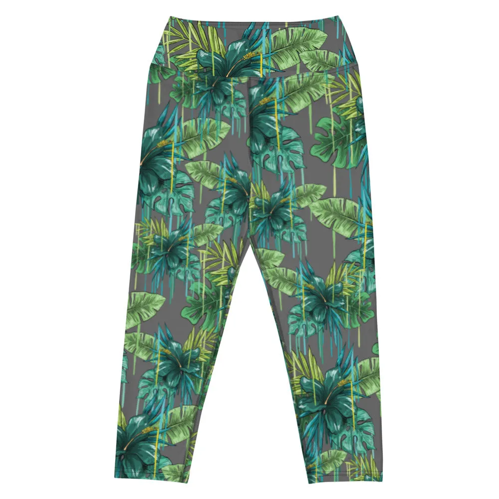 Grey Tropical Yoga Capri Leggings, Tropical Print Women's Capris Tights-Made in USA/EU/MX