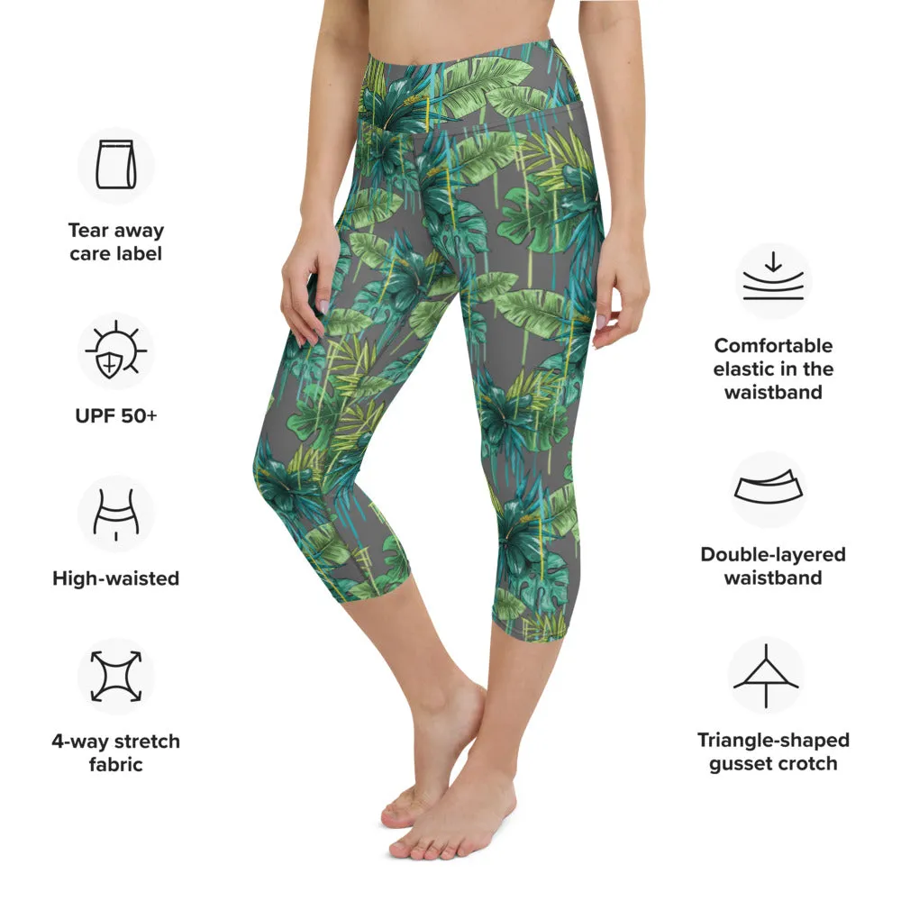 Grey Tropical Yoga Capri Leggings, Tropical Print Women's Capris Tights-Made in USA/EU/MX