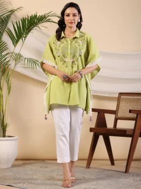 Jashvi Green Floral Printed SeerSucker Kaftan tunic With Thread Work