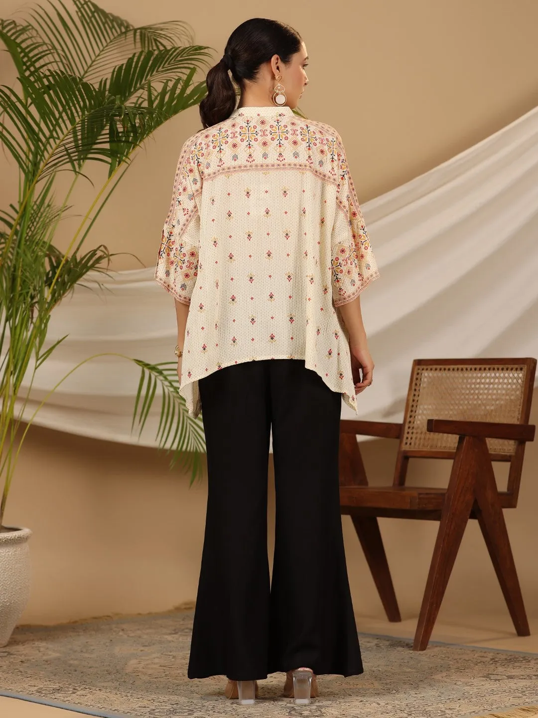 Juniper Off white Geometric Printed Rayon Crepe Shirt Style Tunic With Beads & Sequins Work