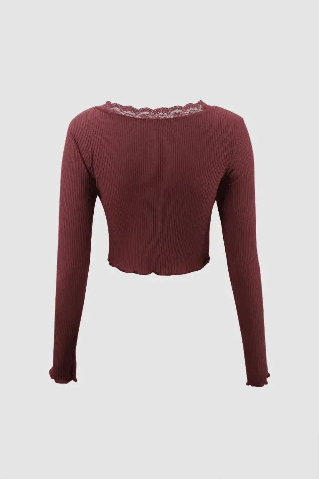 Lace Trim V-neck Long Sleeve Top