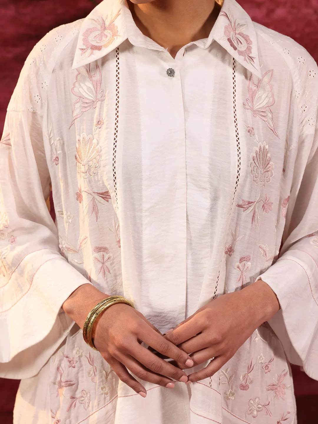 Laira Ivory Embroidered Tencel Shirt for Women