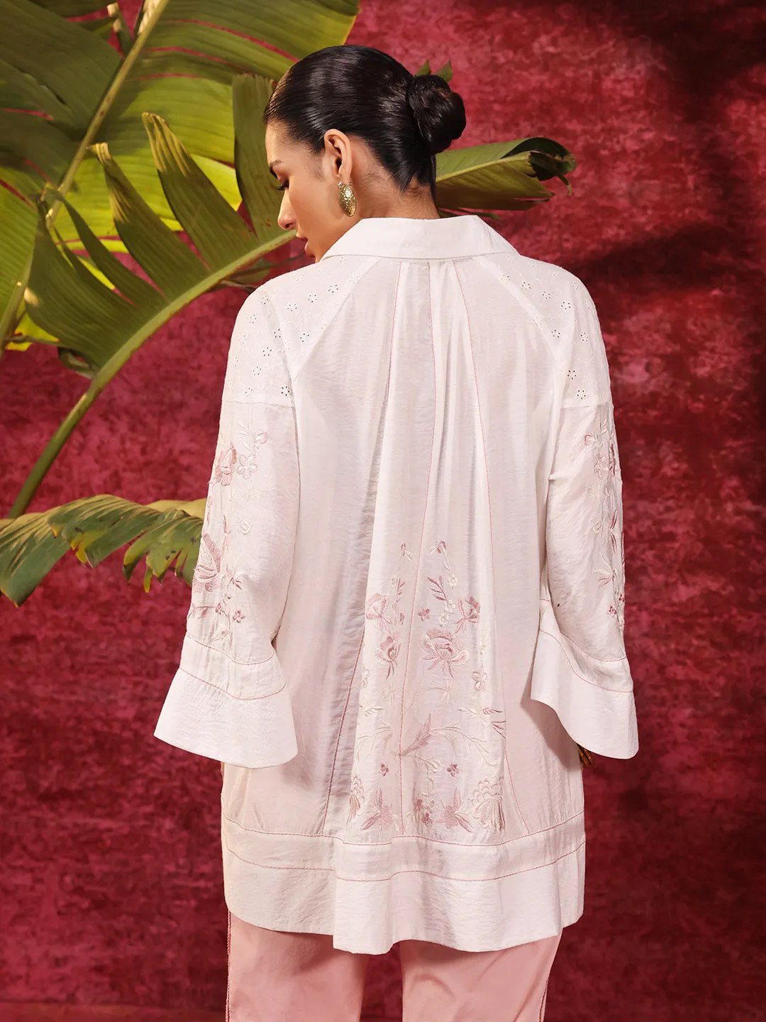 Laira Ivory Embroidered Tencel Shirt for Women