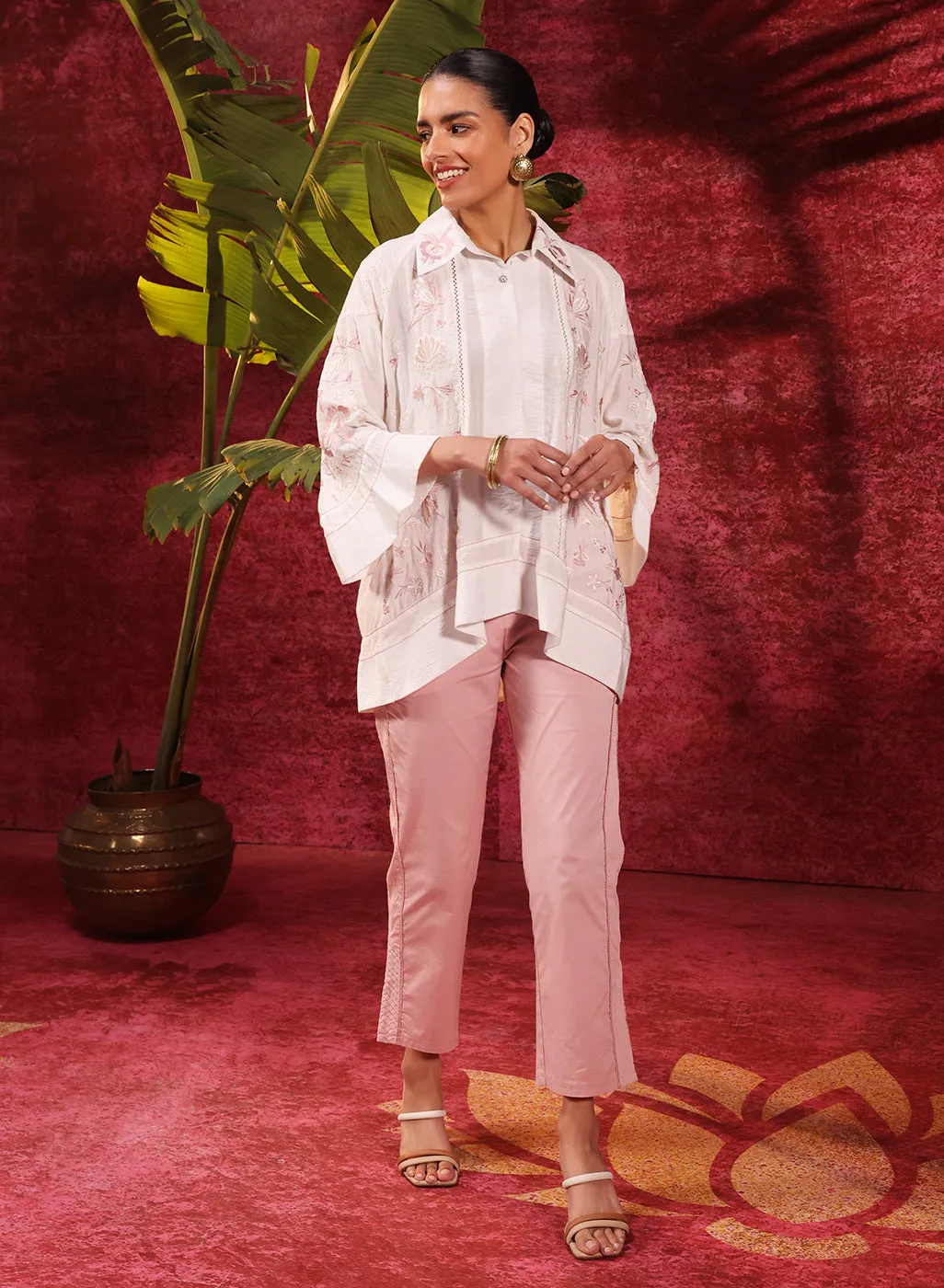 Laira Ivory Embroidered Tencel Shirt for Women