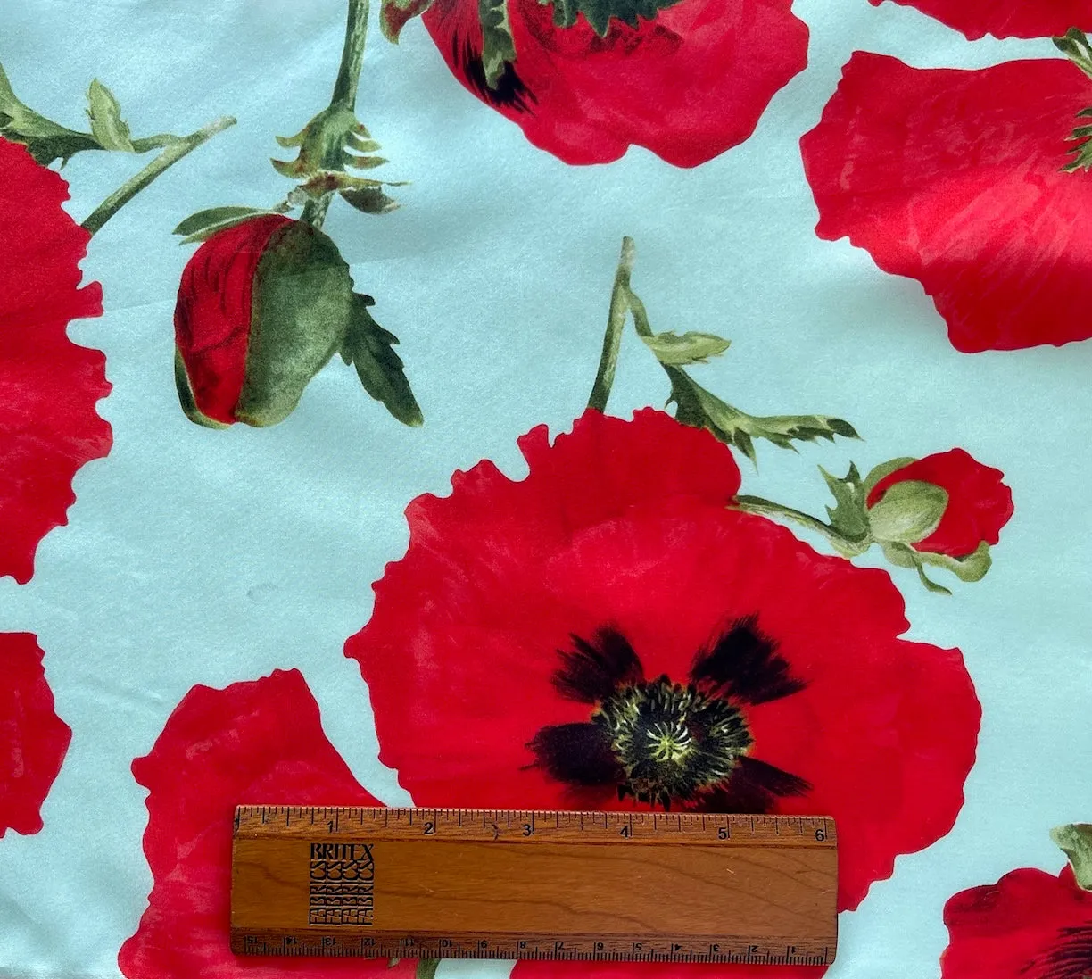 Lighter-Weight Immense Poppies on Sky Blue Silk Habutai  (Made in Italy)