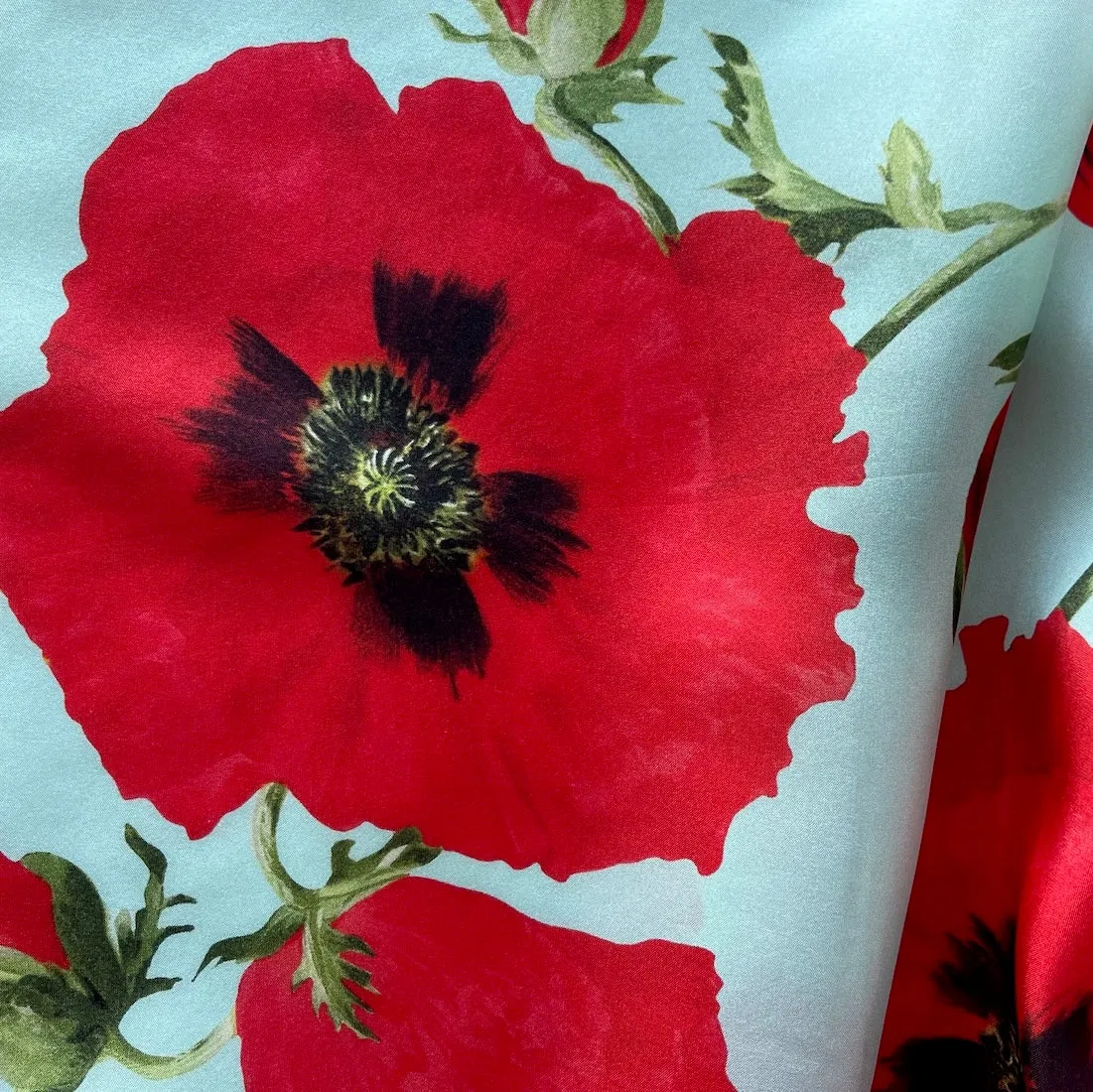 Lighter-Weight Immense Poppies on Sky Blue Silk Habutai  (Made in Italy)