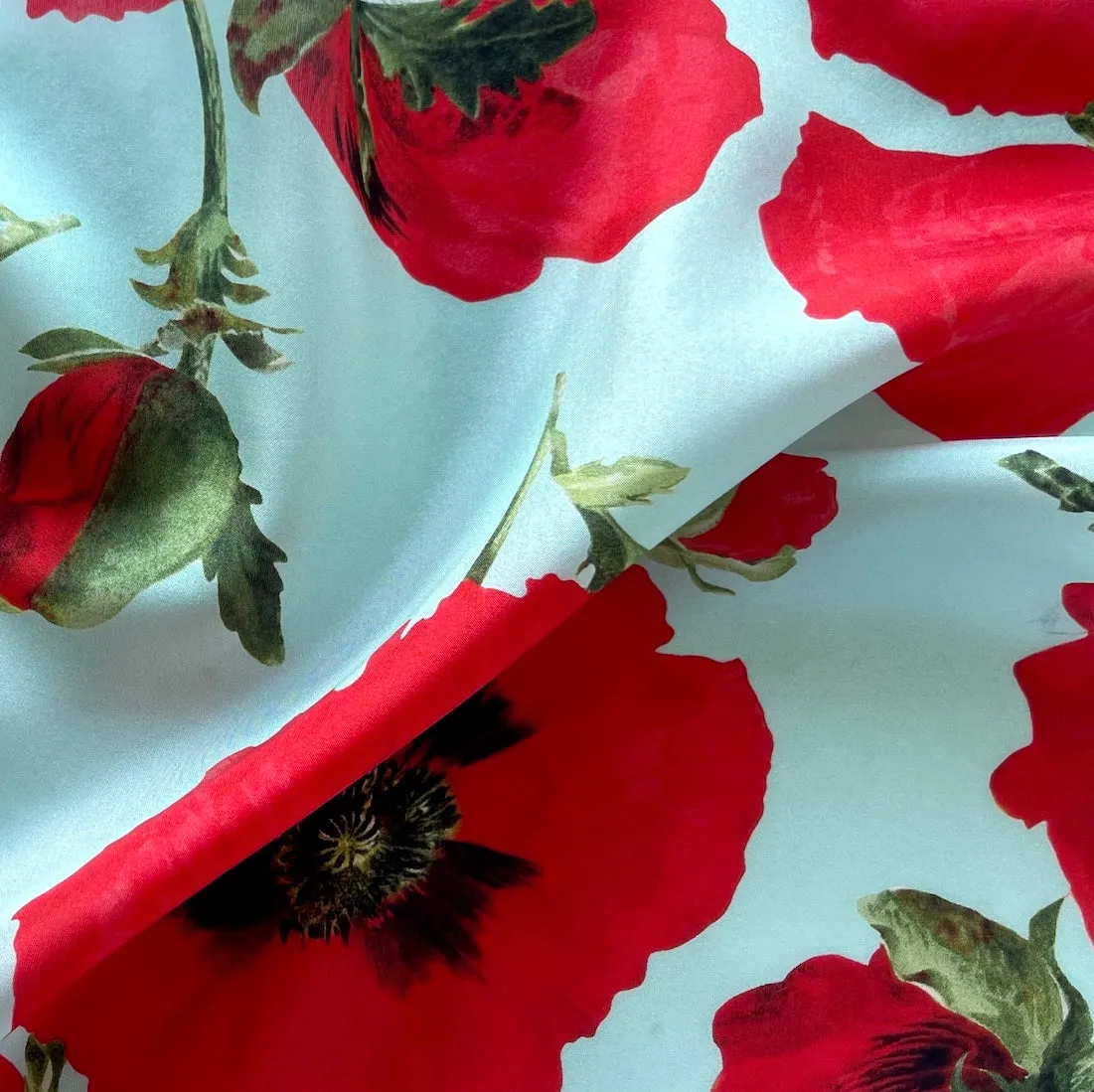 Lighter-Weight Immense Poppies on Sky Blue Silk Habutai  (Made in Italy)