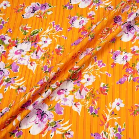 Lilac & White Floral Printed Deep Orange Striped Silk Jacquard