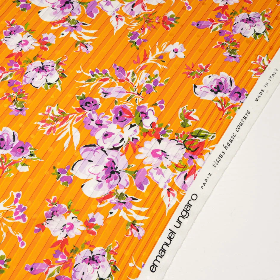 Lilac & White Floral Printed Deep Orange Striped Silk Jacquard