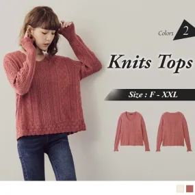 LONG SLEEVE V-NECK KNITS TOPS