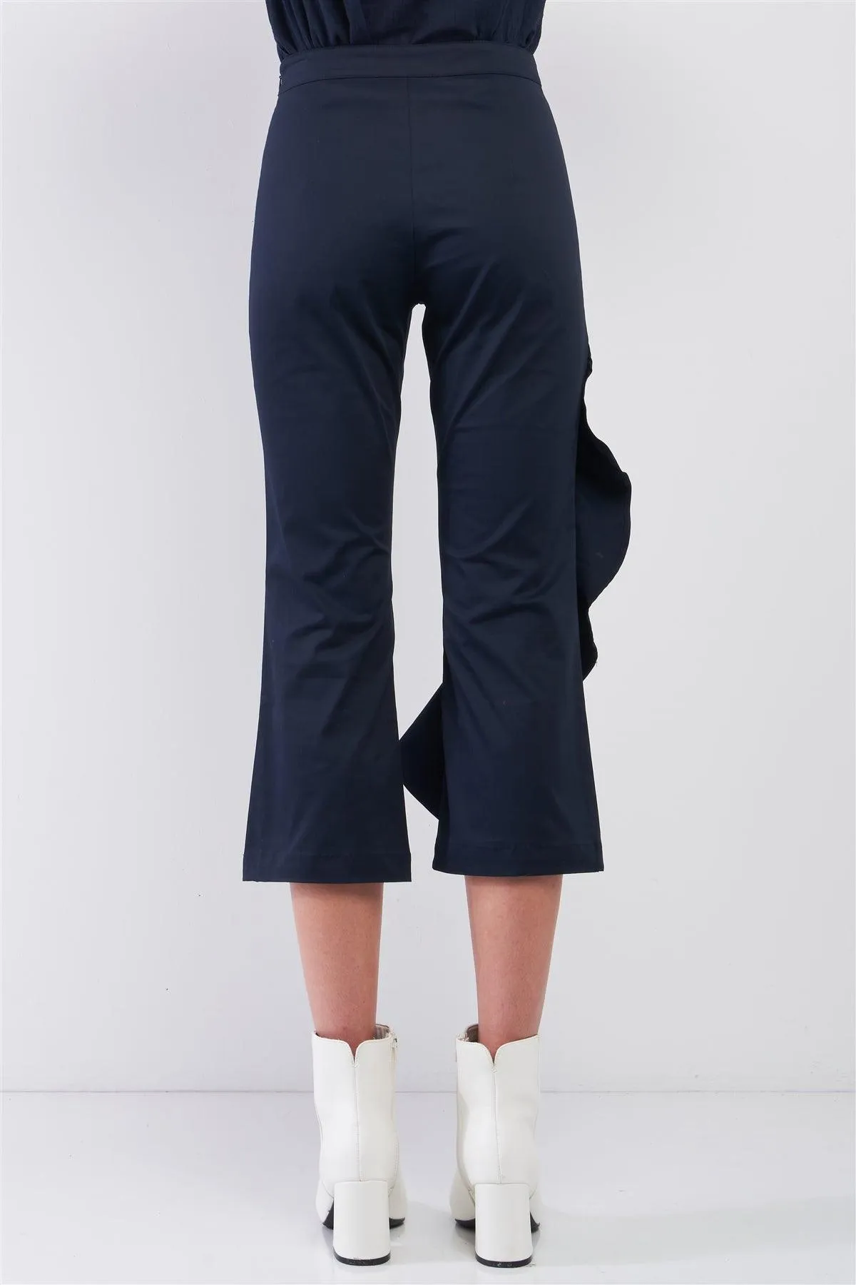 Navy High Waist Ruffle Trim Detail Bell Bottom Capri Pants /1-2-2-1