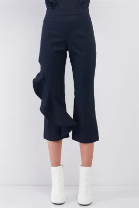 Navy High Waist Ruffle Trim Detail Bell Bottom Capri Pants /1-2-2-1