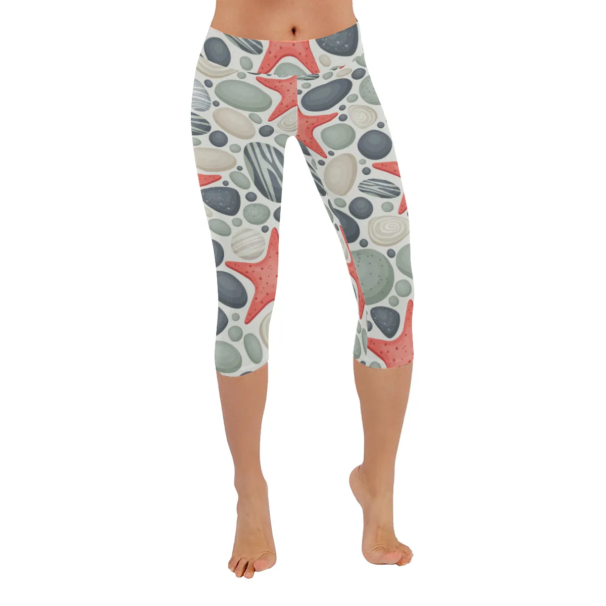 Ocean Stones and Sea Stars Women's Low Rise Capri Leggings (Invisible Stitch)