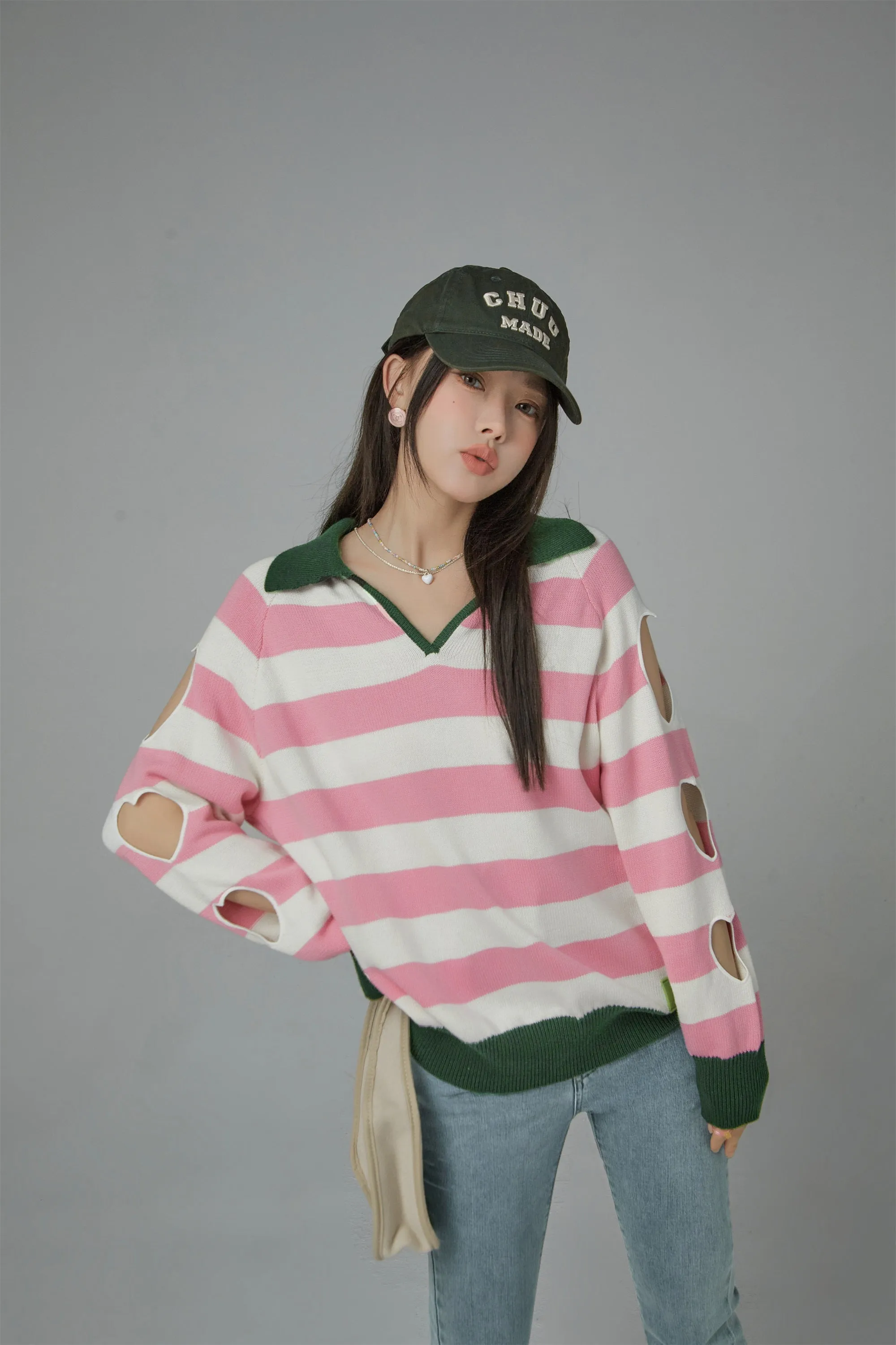 Open Book Loose Fit V-Neck Striped Knit Top