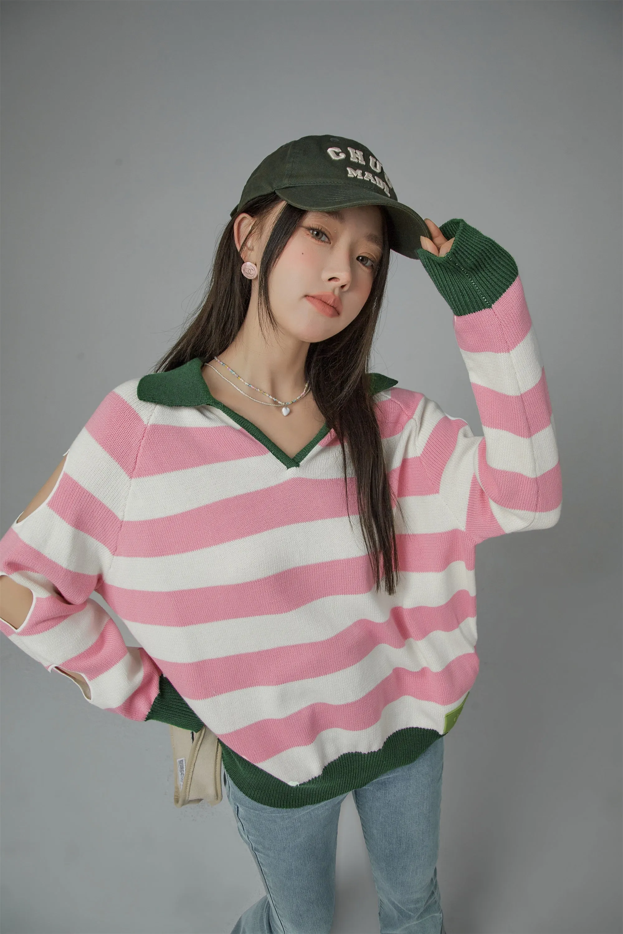 Open Book Loose Fit V-Neck Striped Knit Top