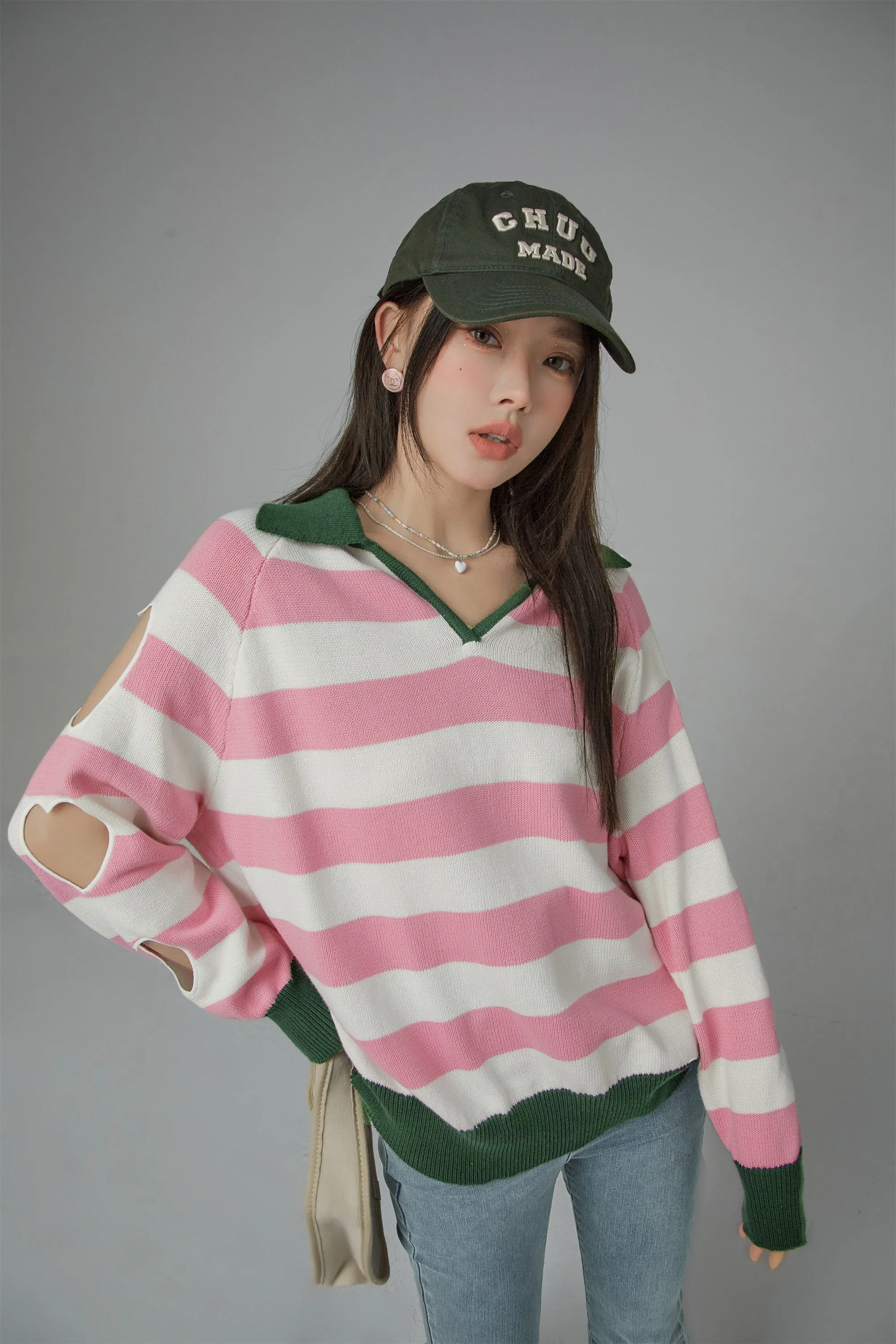 Open Book Loose Fit V-Neck Striped Knit Top