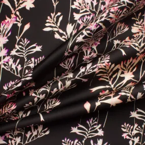 Pink Floral Black Silk Mikado