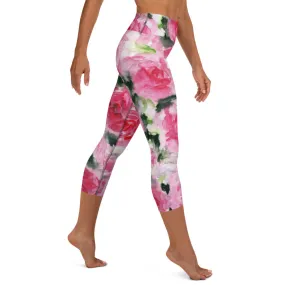 Pink Roses Yoga Capri Leggings, Floral Roses Print Best Designer Women's Yoga Capri Leggings