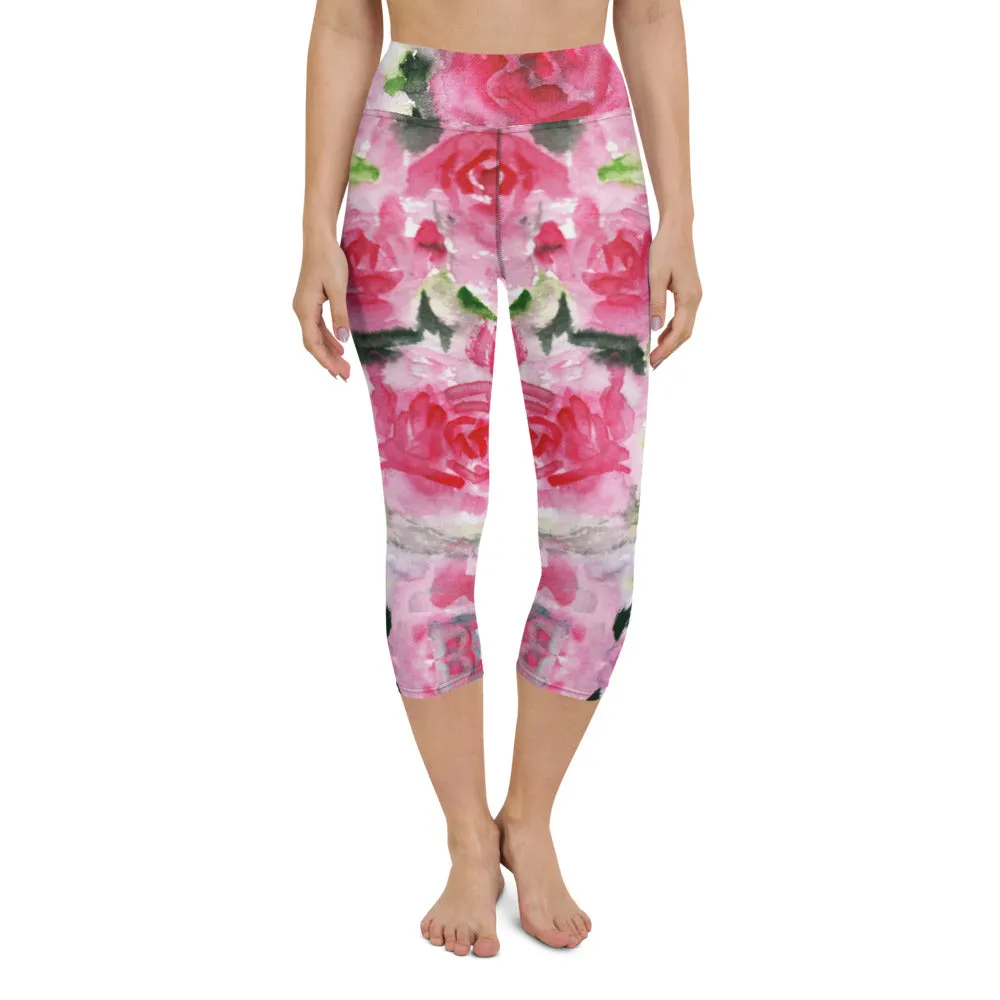 Pink Roses Yoga Capri Leggings, Floral Roses Print Best Designer Women's Yoga Capri Leggings