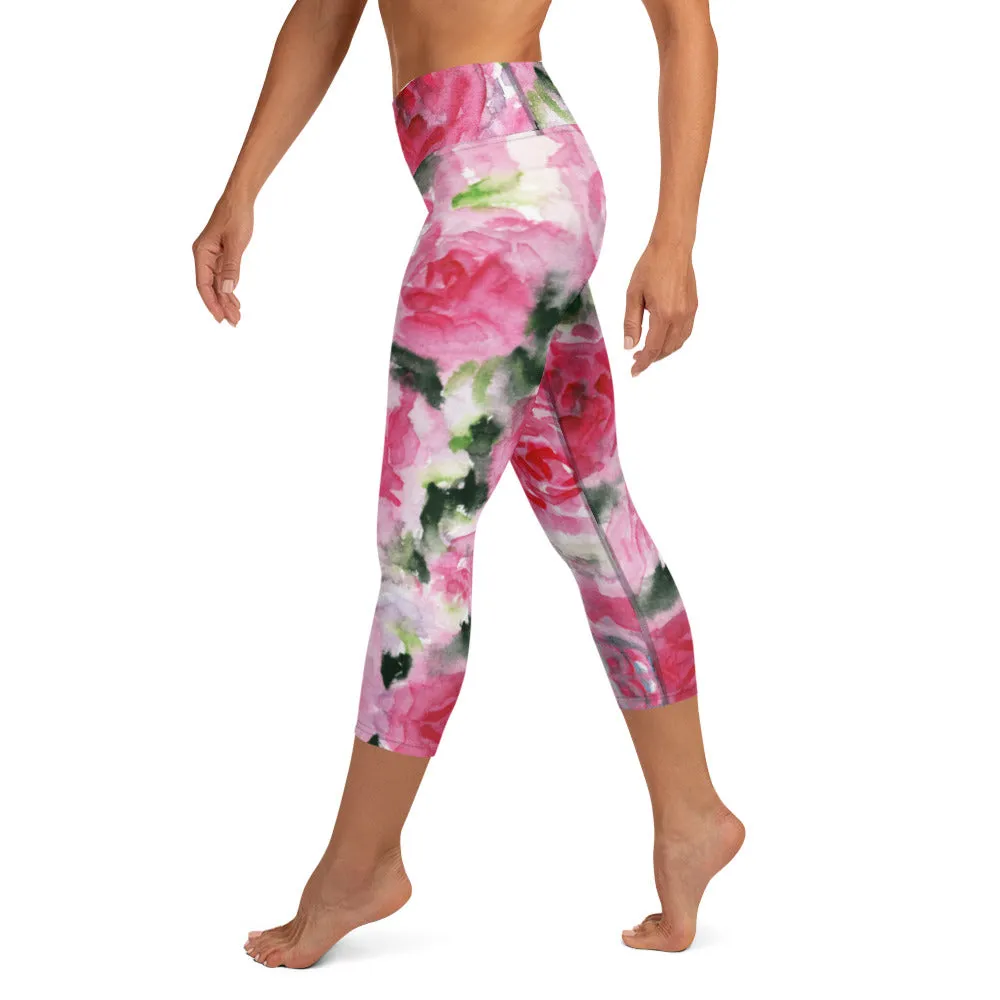 Pink Roses Yoga Capri Leggings, Floral Roses Print Best Designer Women's Yoga Capri Leggings