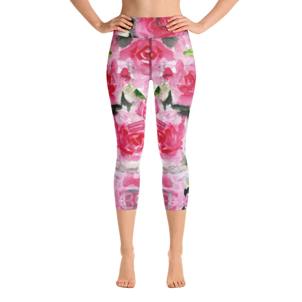 Pink Roses Yoga Capri Leggings, Floral Roses Print Best Designer Women's Yoga Capri Leggings