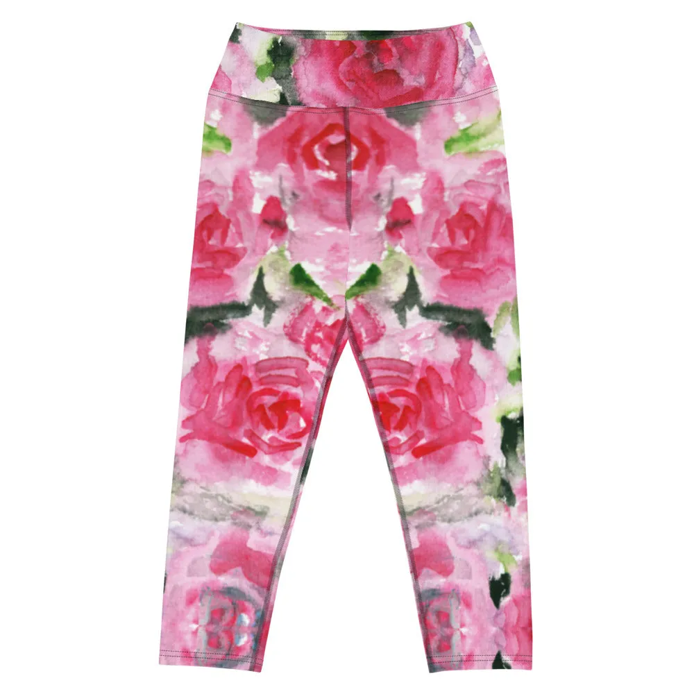 Pink Roses Yoga Capri Leggings, Floral Roses Print Best Designer Women's Yoga Capri Leggings