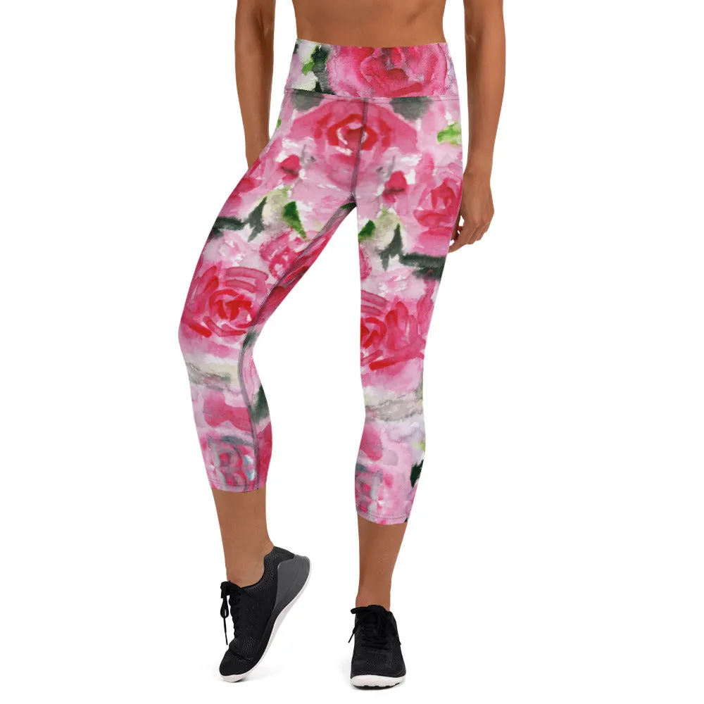 Pink Roses Yoga Capri Leggings, Floral Roses Print Best Designer Women's Yoga Capri Leggings