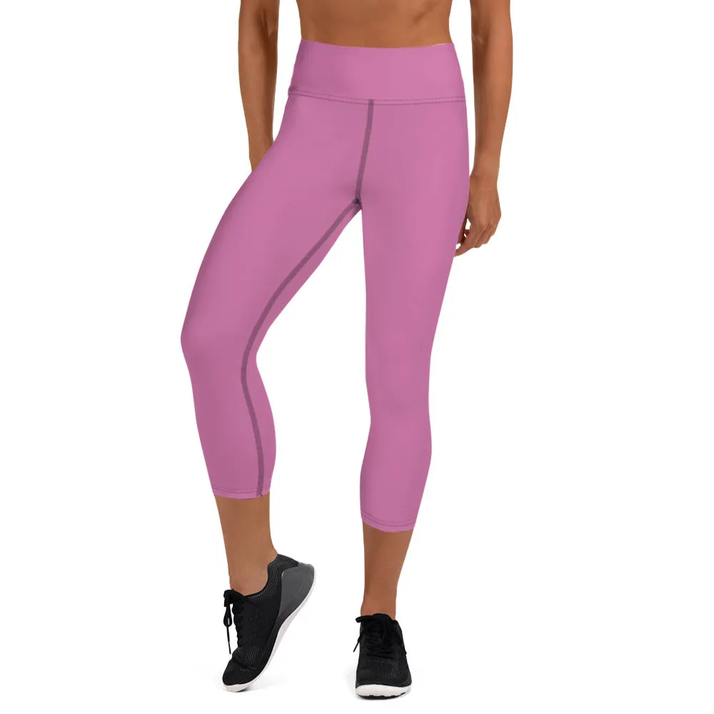 Pink Yoga Capri Leggings, Designer Sharp Pink Solid Color Women's Tights - Made in USA/EU/MX