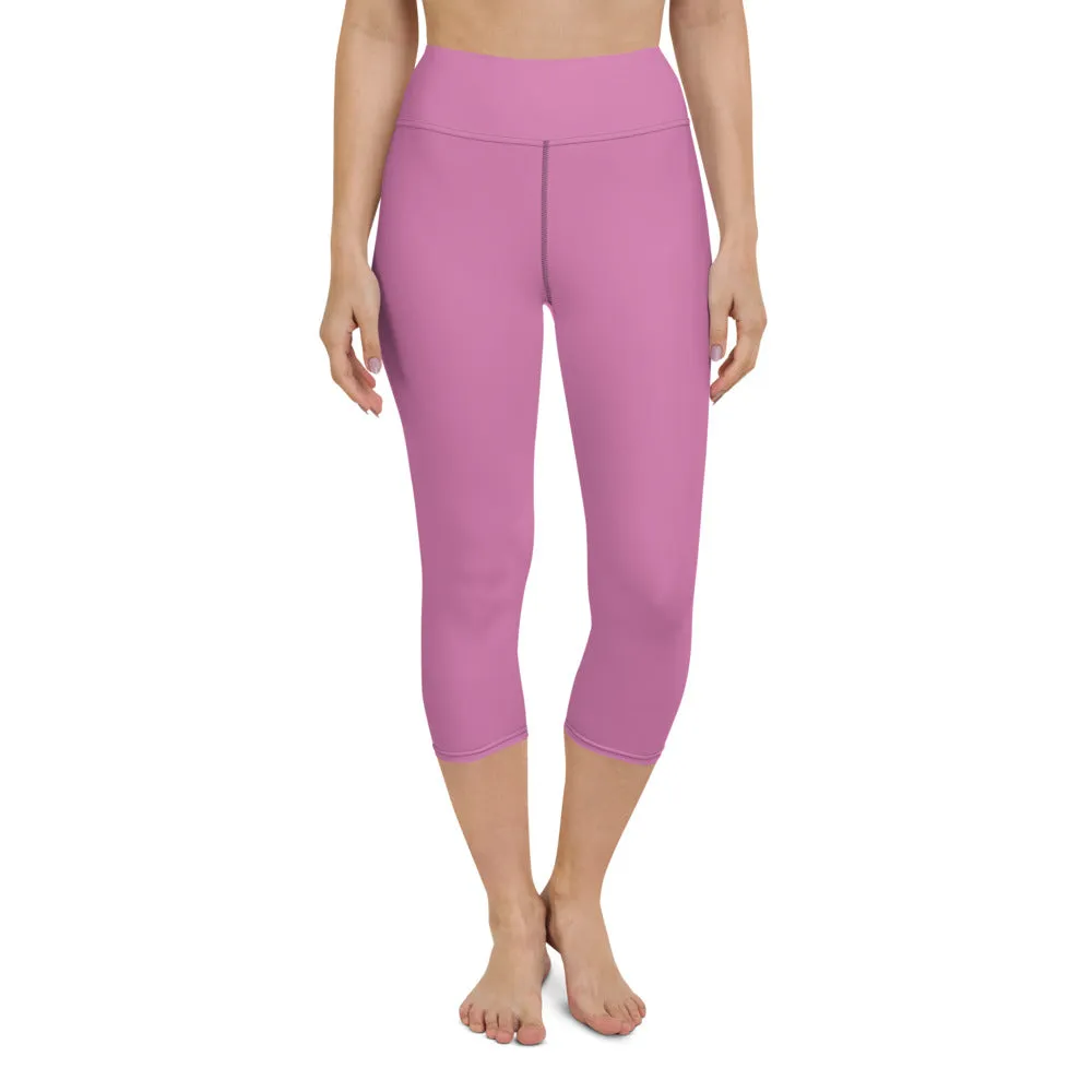 Pink Yoga Capri Leggings, Designer Sharp Pink Solid Color Women's Tights - Made in USA/EU/MX