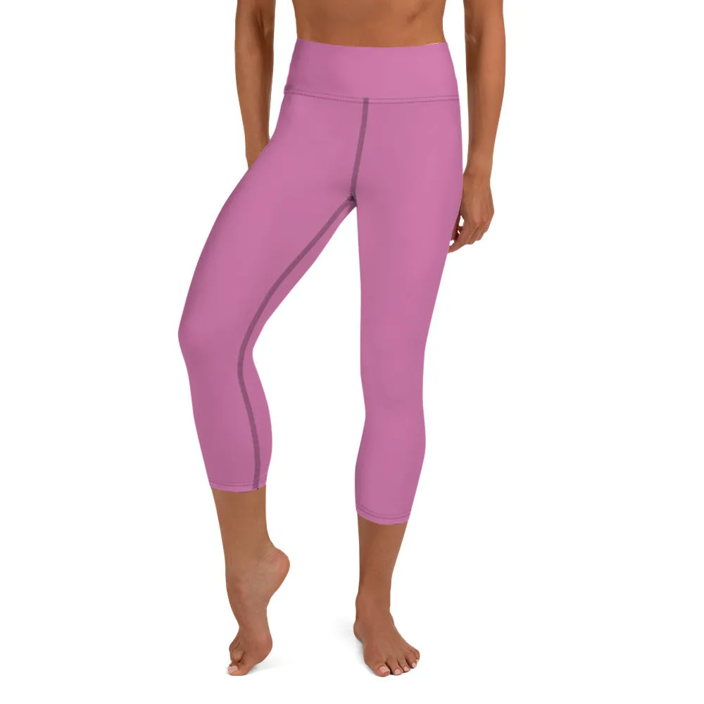 Pink Yoga Capri Leggings, Designer Sharp Pink Solid Color Women's Tights - Made in USA/EU/MX