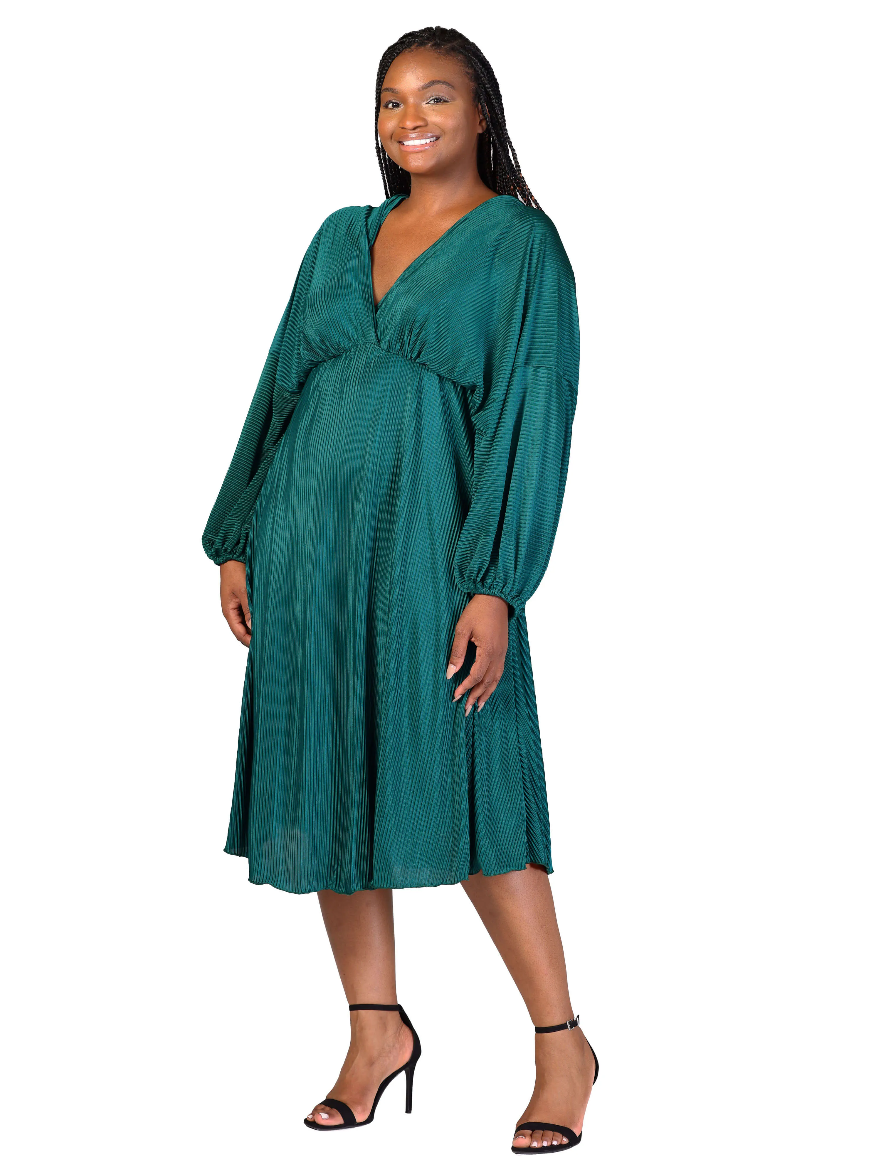 Plus Size Shimmer Pleated V Neck Empire Waist Bishop Sleeve Midi Dress