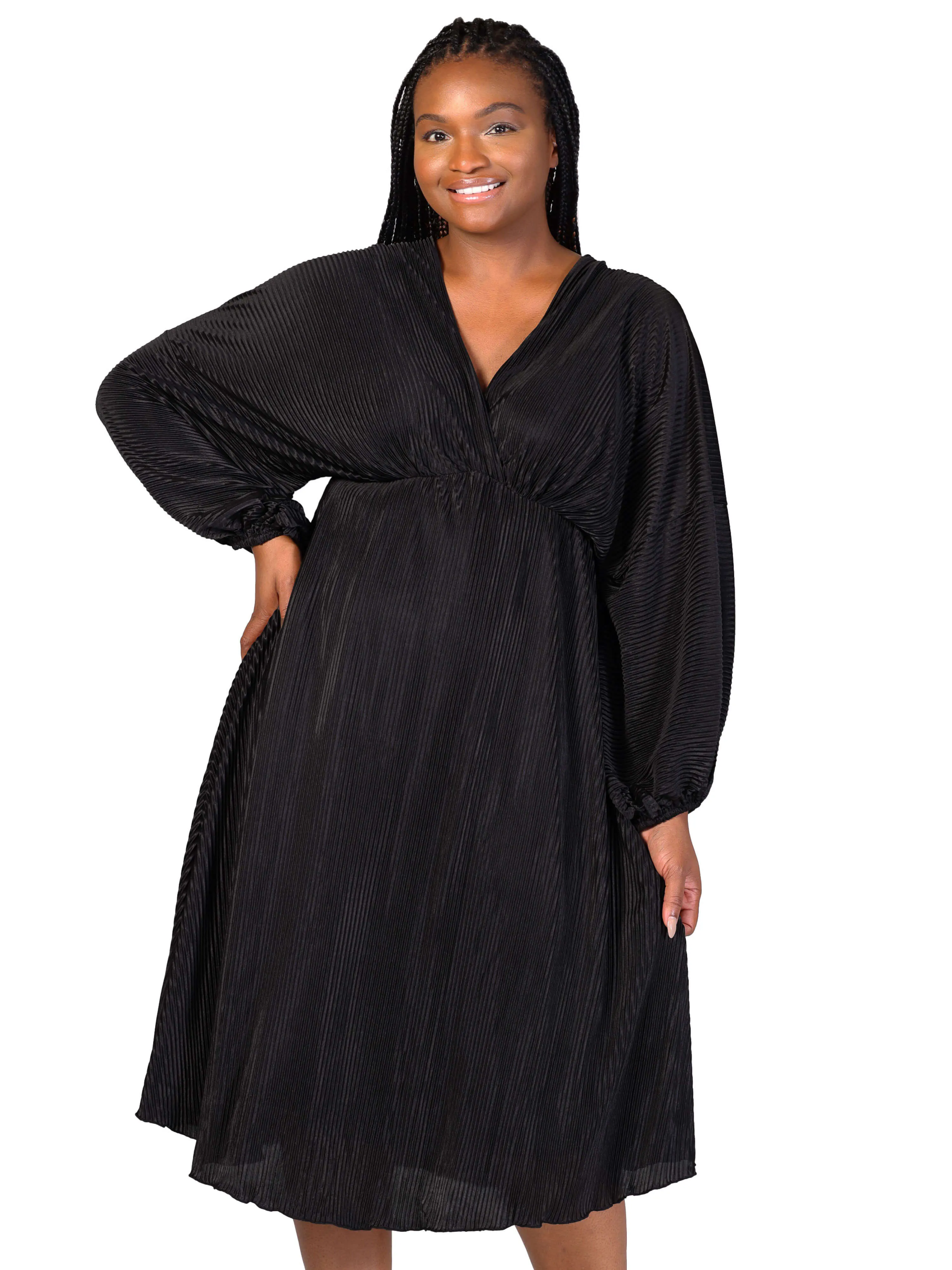 Plus Size Shimmer Pleated V Neck Empire Waist Bishop Sleeve Midi Dress