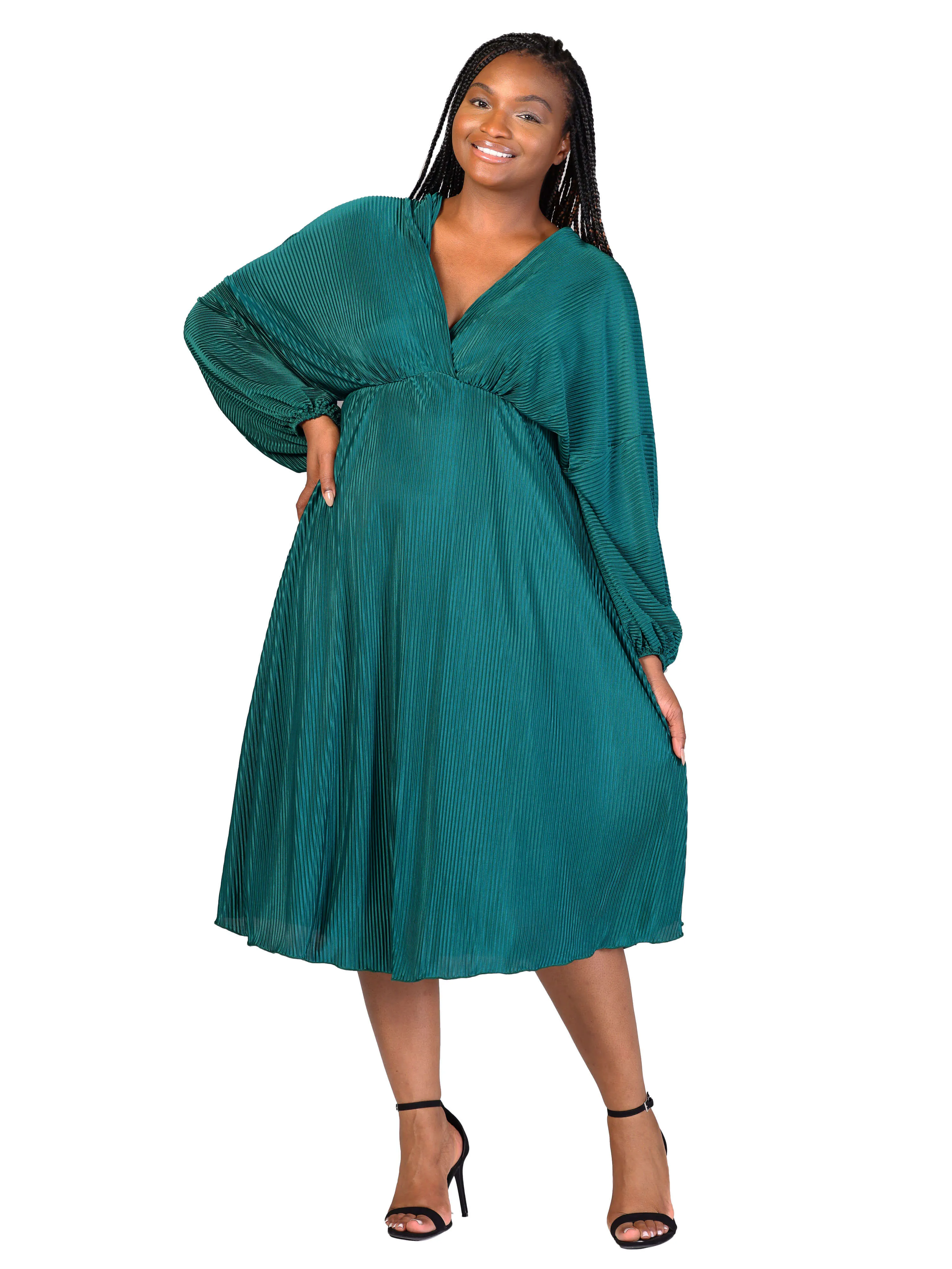 Plus Size Shimmer Pleated V Neck Empire Waist Bishop Sleeve Midi Dress