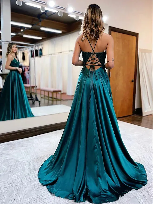 Prom Dresses Empire Dress Formal Court Train Sleeveless V Neck Satin Backless with Beading Appliques