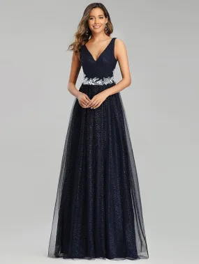 Prom Dresses Empire Dress Wedding Guest Floor Length Sleeveless V Neck Tulle with Sequin Appliques