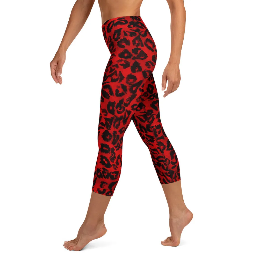 Red Leopard Ladies' Casual Tights, Animal Print Women's Premium Yoga Capri Leggings - Made in USA/ EU