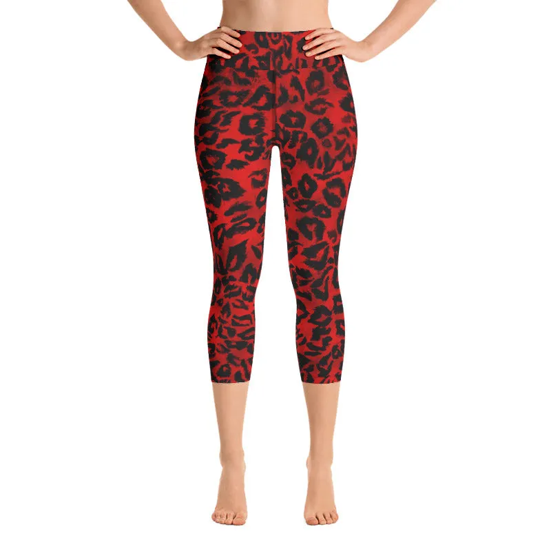 Red Leopard Ladies' Casual Tights, Animal Print Women's Premium Yoga Capri Leggings - Made in USA/ EU