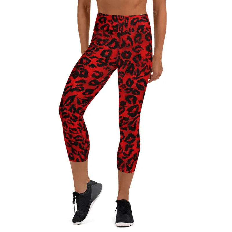 Red Leopard Ladies' Casual Tights, Animal Print Women's Premium Yoga Capri Leggings - Made in USA/ EU