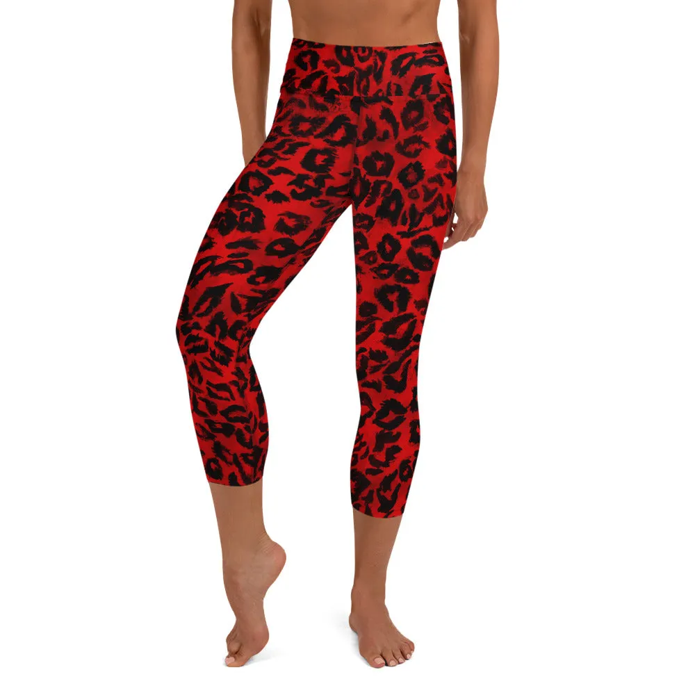 Red Leopard Ladies' Casual Tights, Animal Print Women's Premium Yoga Capri Leggings - Made in USA/ EU