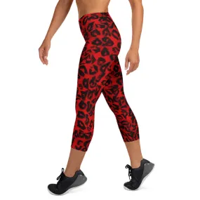 Red Leopard Ladies' Casual Tights, Animal Print Women's Premium Yoga Capri Leggings - Made in USA/ EU