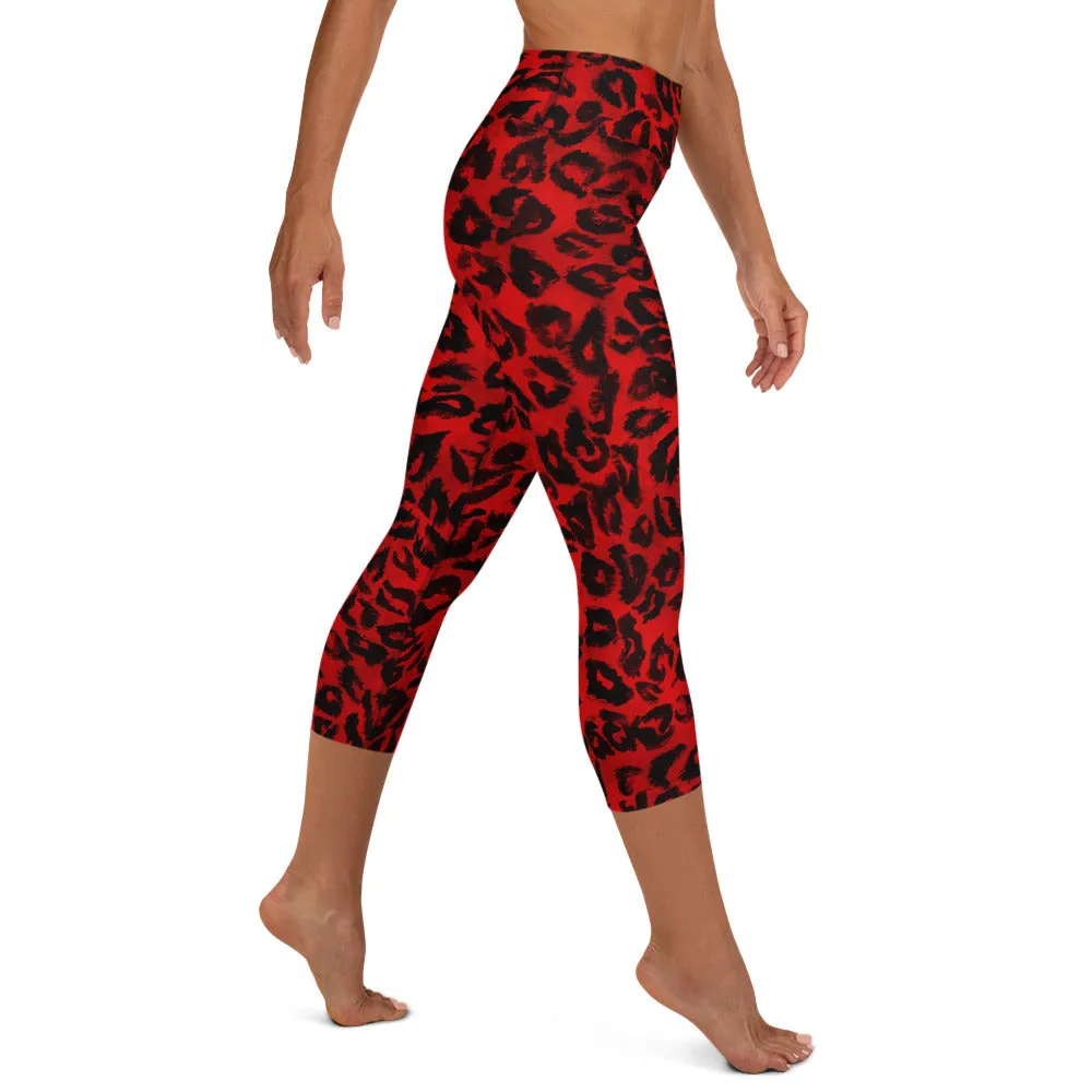 Red Leopard Ladies' Casual Tights, Animal Print Women's Premium Yoga Capri Leggings - Made in USA/ EU