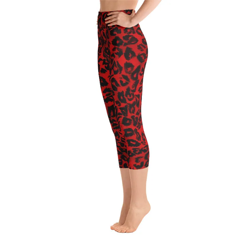 Red Leopard Ladies' Casual Tights, Animal Print Women's Premium Yoga Capri Leggings - Made in USA/ EU