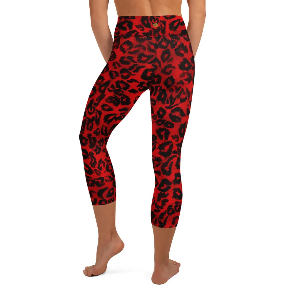 Red Leopard Ladies' Casual Tights, Animal Print Women's Premium Yoga Capri Leggings - Made in USA/ EU