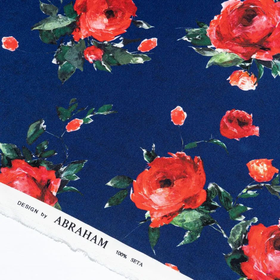 Red Rose Printed French Blue Silk Crêpe