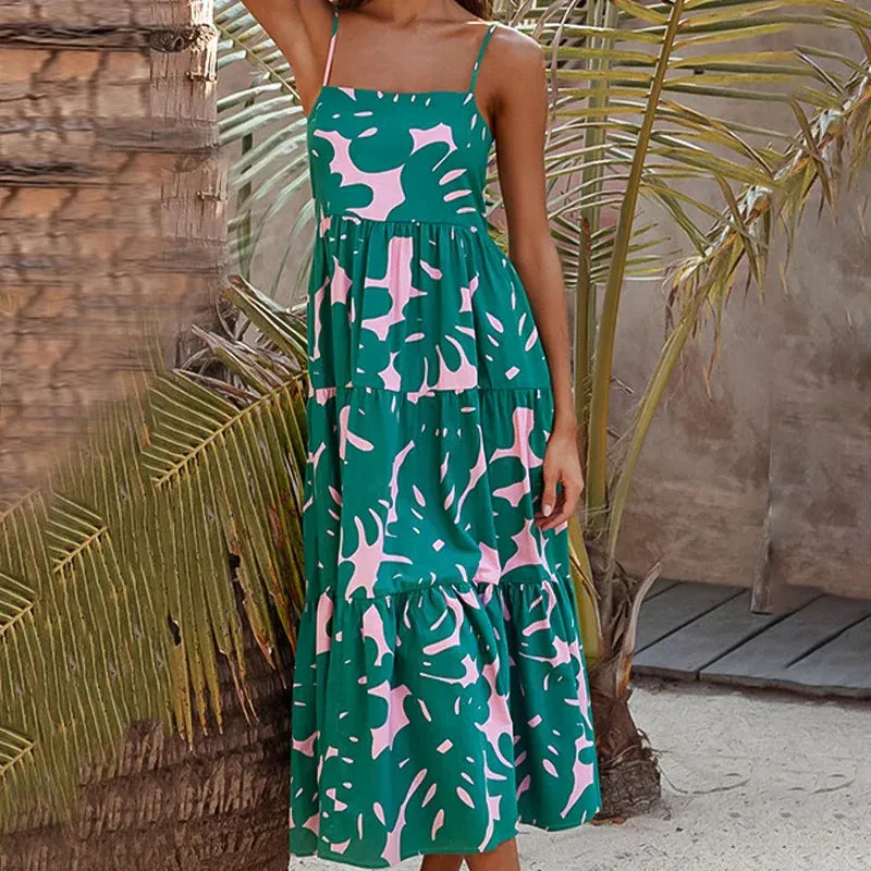 Sling Sexy Summer Spaghetti Vacation Printed Strap Boho Sleeveless Backless Beach Dress