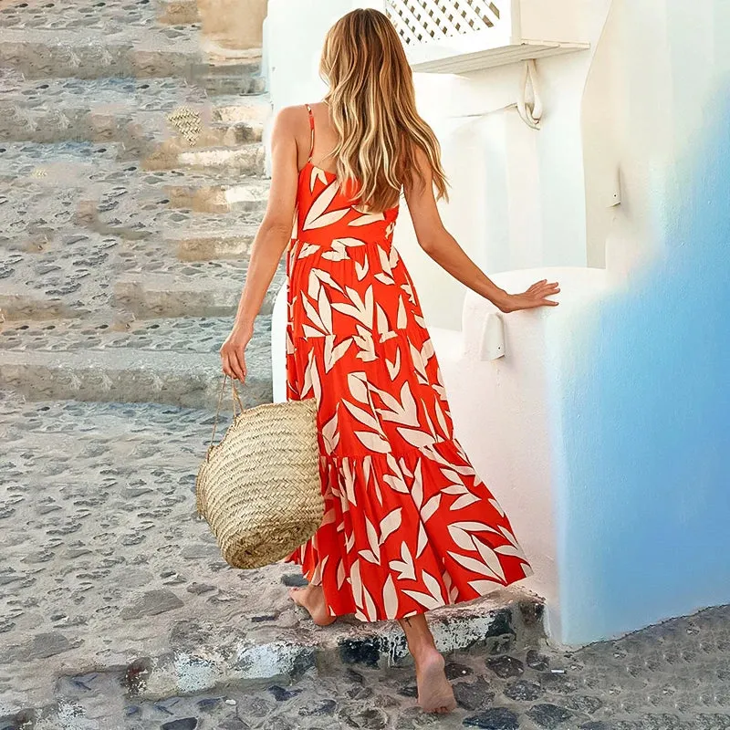 Sling Sexy Summer Spaghetti Vacation Printed Strap Boho Sleeveless Backless Beach Dress