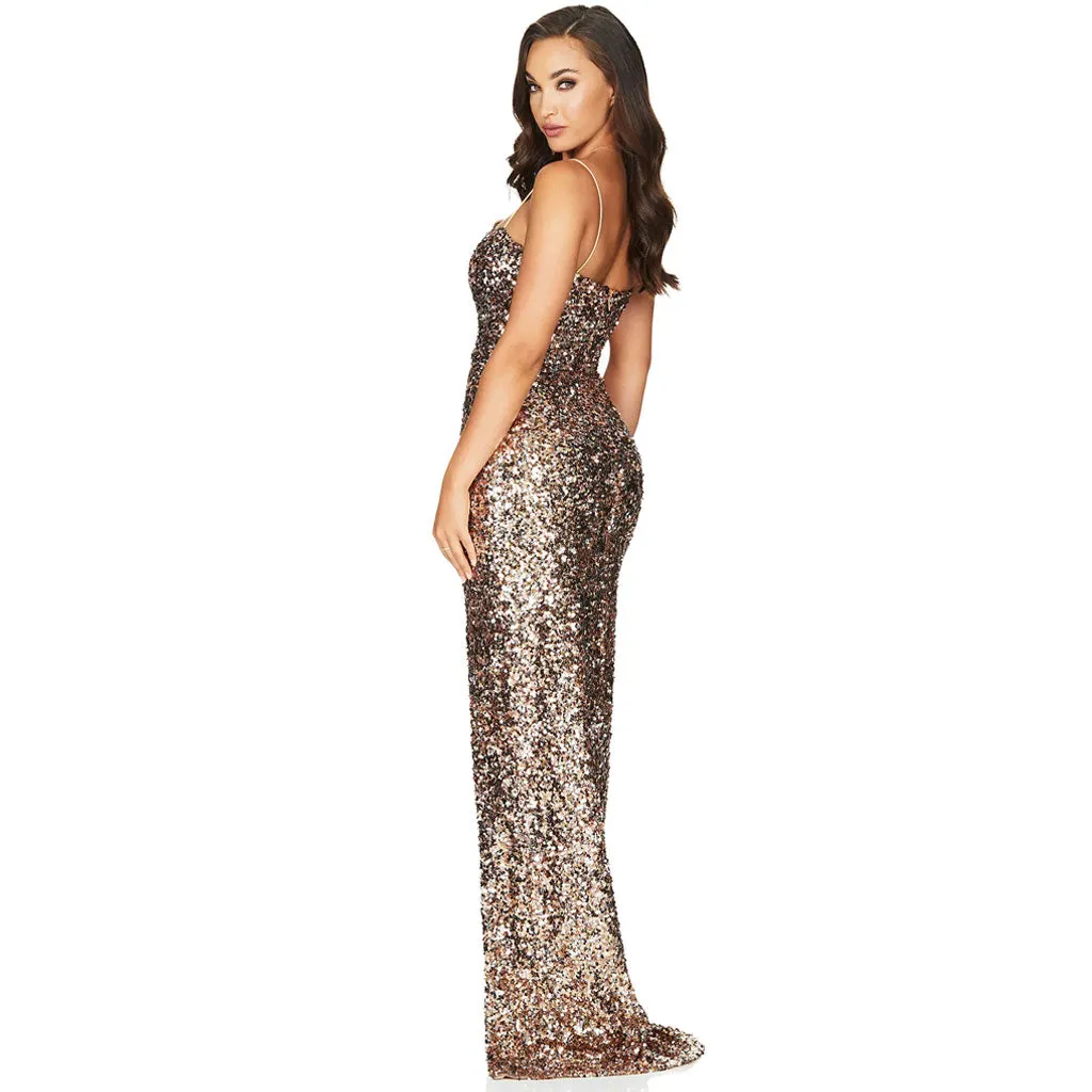 Sparkly Sequin Square Neck Side Slit Cami Maxi Slip Dress - Gold