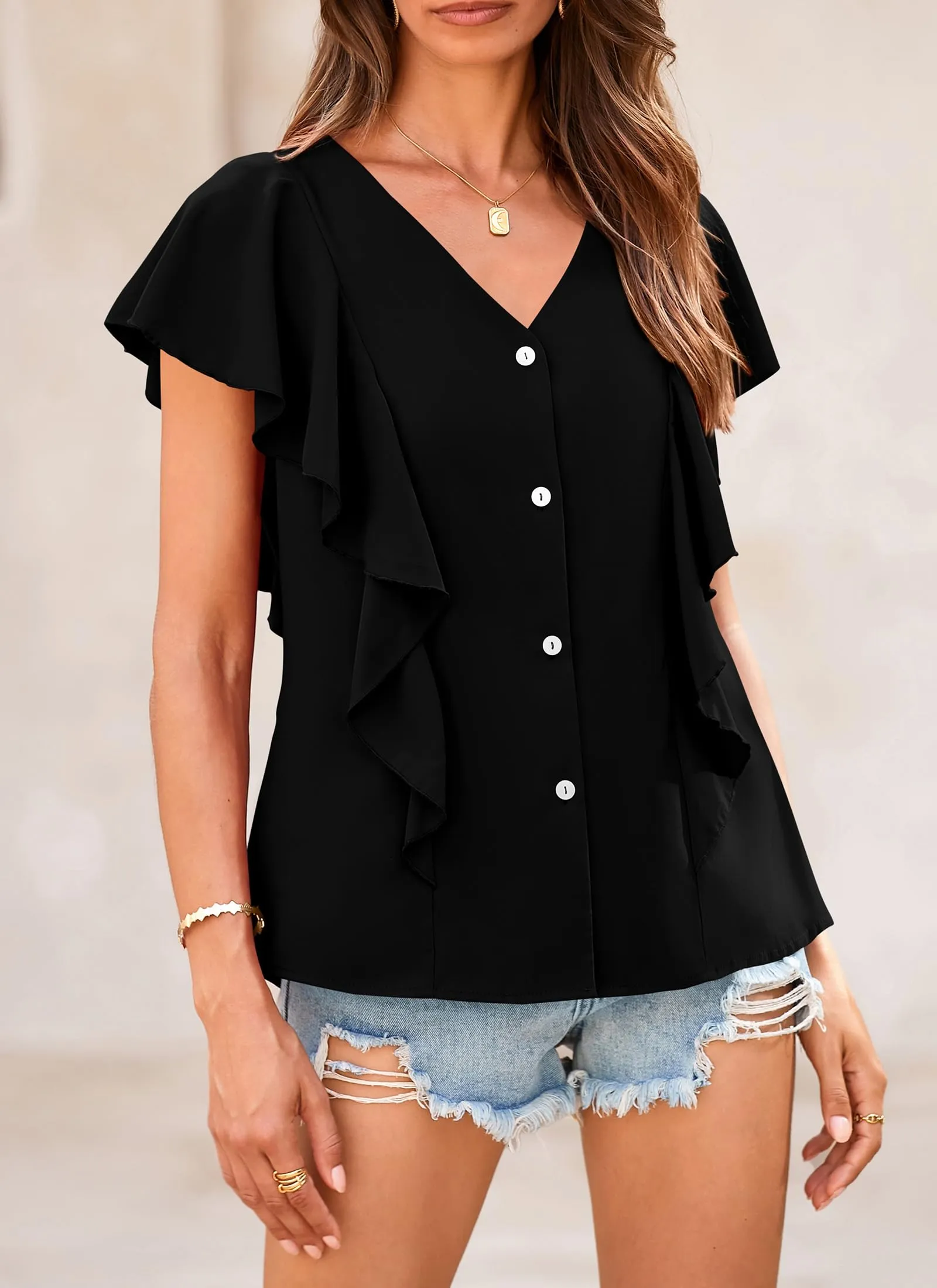 Summer Ruffle Cap Sleeve V Neck Loose Fit Tops