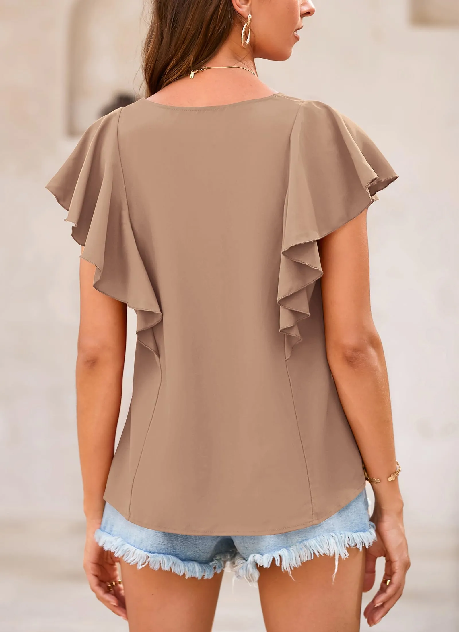 Summer Ruffle Cap Sleeve V Neck Loose Fit Tops